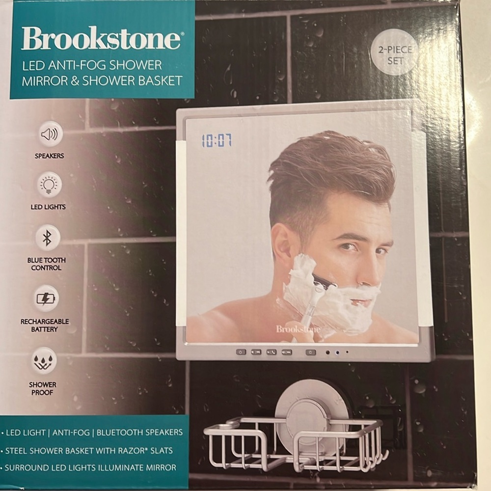 Brookstone Led  anti-fog shower mirror & shower basket set